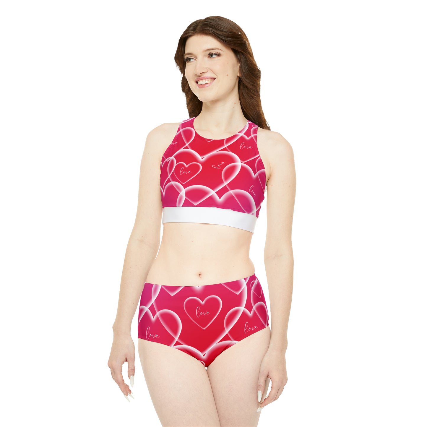 DCAL Swimwear "Red and Pink Heart" Sporty Bikini Set