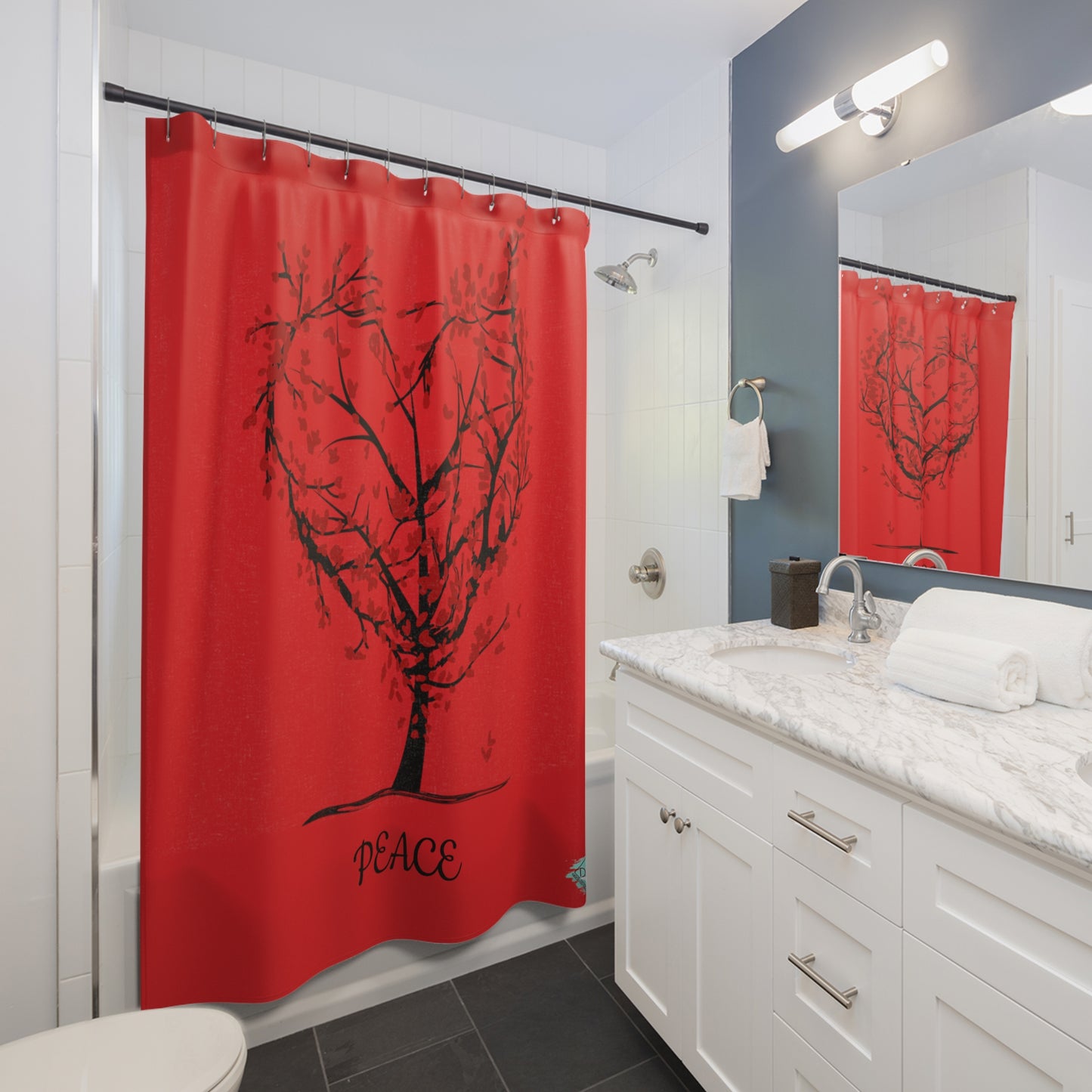 DCAL Bathroom Accessories "Red Heart Tree" Shower Curtains