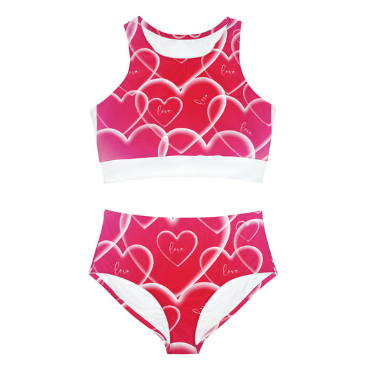 DCAL Swimwear "Red and Pink Heart" Sporty Bikini Set