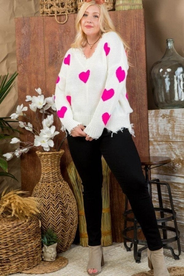 Neon Fuchsia Heart Print Distressed V Neck Long Sleeve Sweater