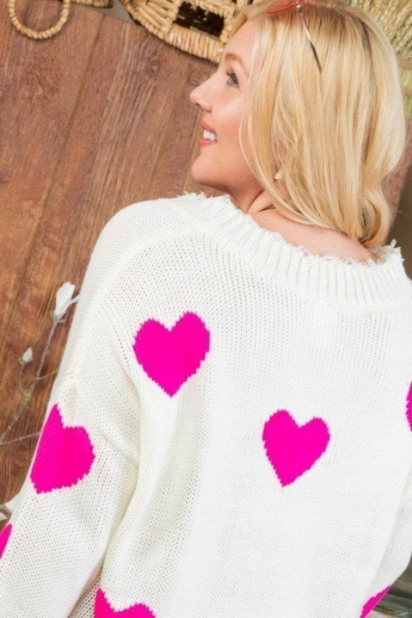 Neon Fuchsia Heart Print Distressed V Neck Long Sleeve Sweater