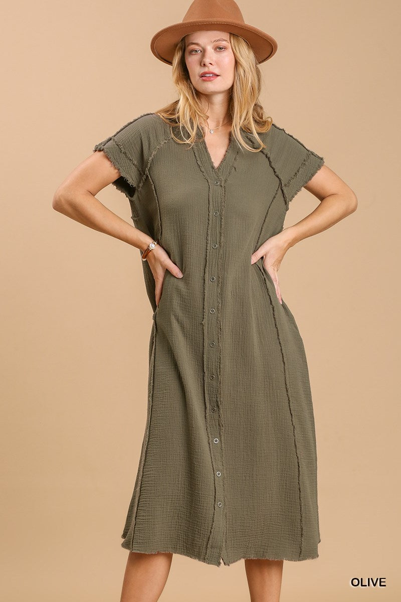 Split neck button down midi dress with no lining