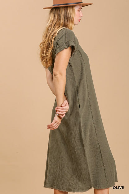 Split neck button down midi dress with no lining