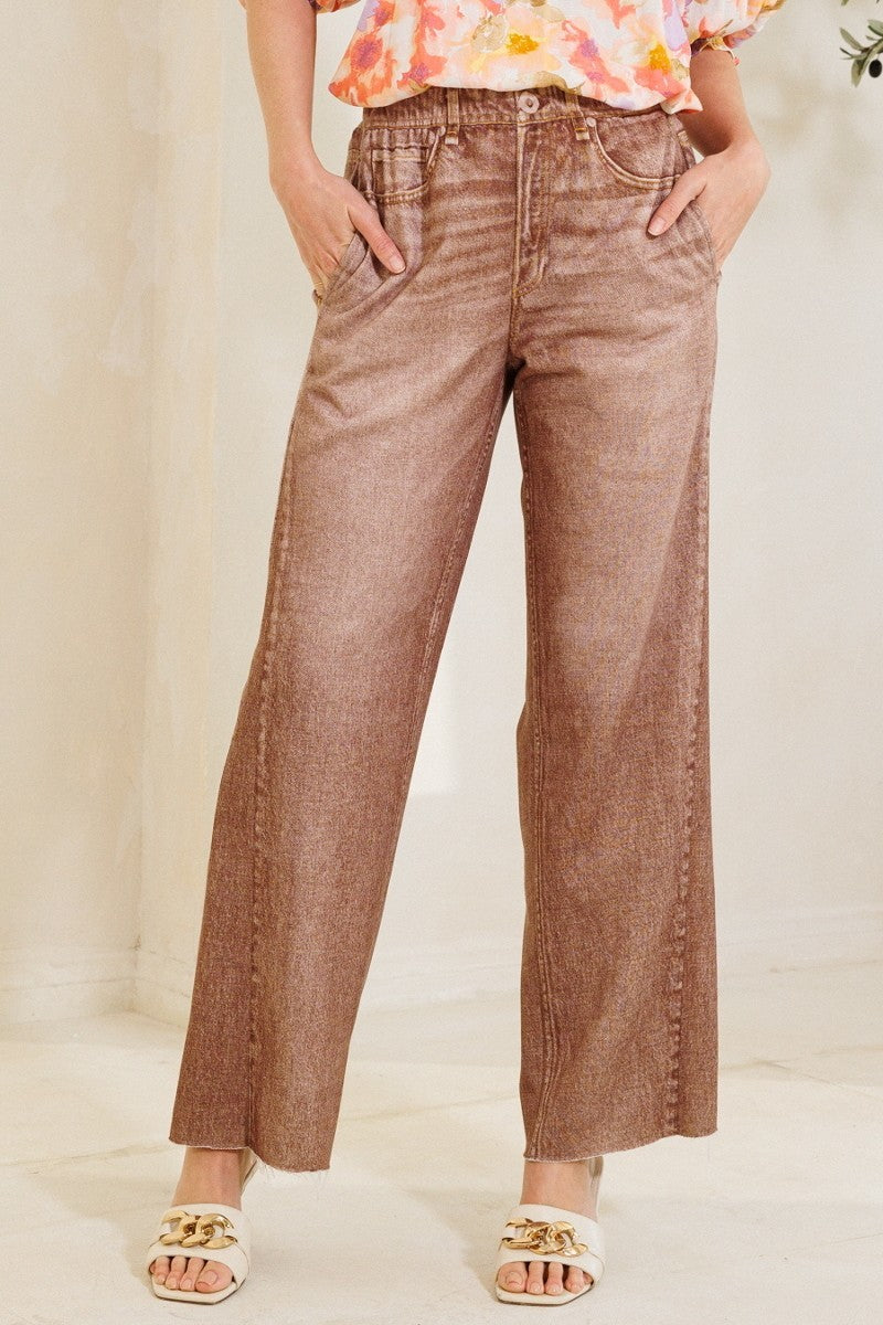 Waist Elastic High-rise, Straight Fake Denim Print Pants