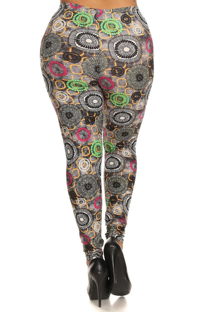 Plus Size Abstract Print, Full Length Leggings In A Slim Fitting Style With A Banded High Waist